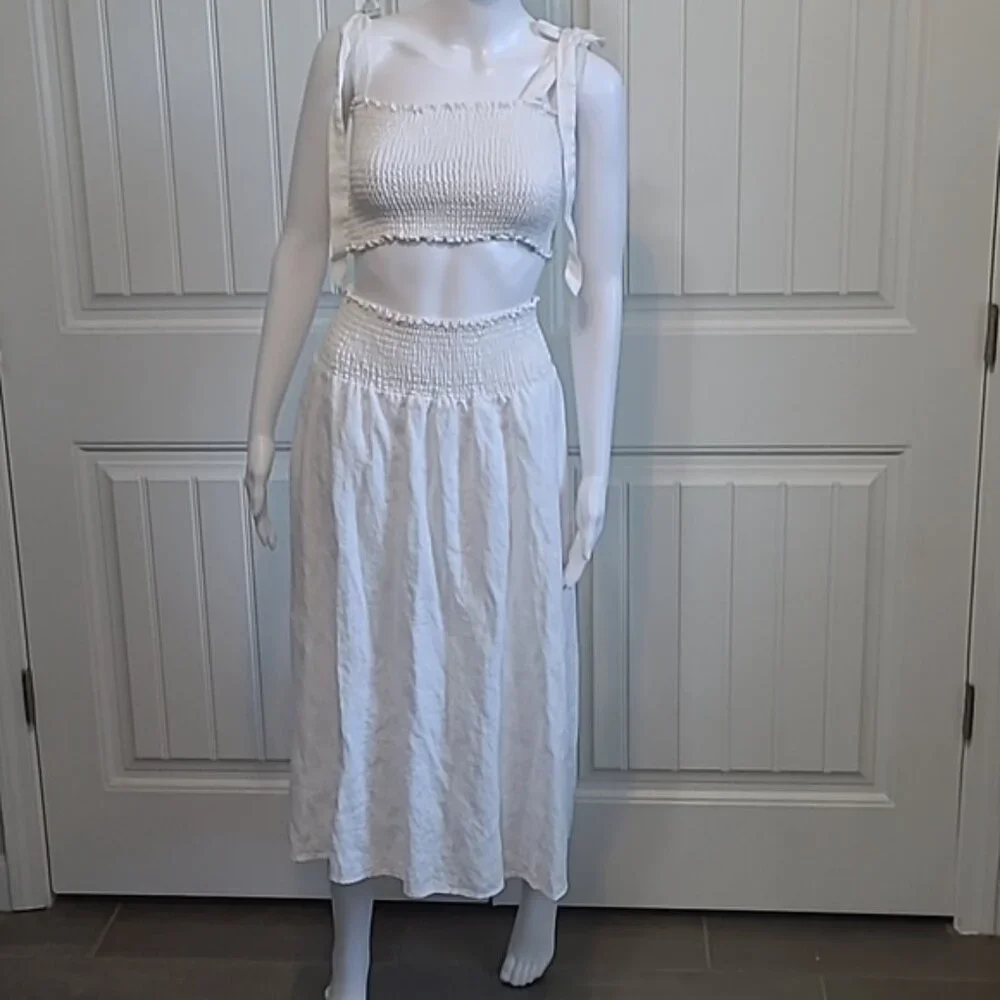 Reformation Willow Linen Two Piece Set Midi Length Skirt & Crop Top Size Small